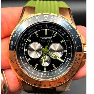 Invicta Aviator Skyshock 39311 50mm Men's Gold Green Silicone Strap Watch NIBWT